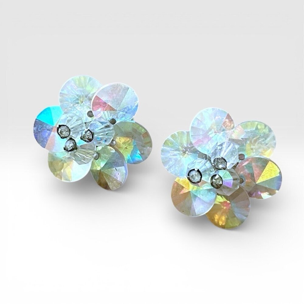 Vintage Vendome Earrings Aurora Borealis AB Rivoli Crystal Rhinestone Clip On